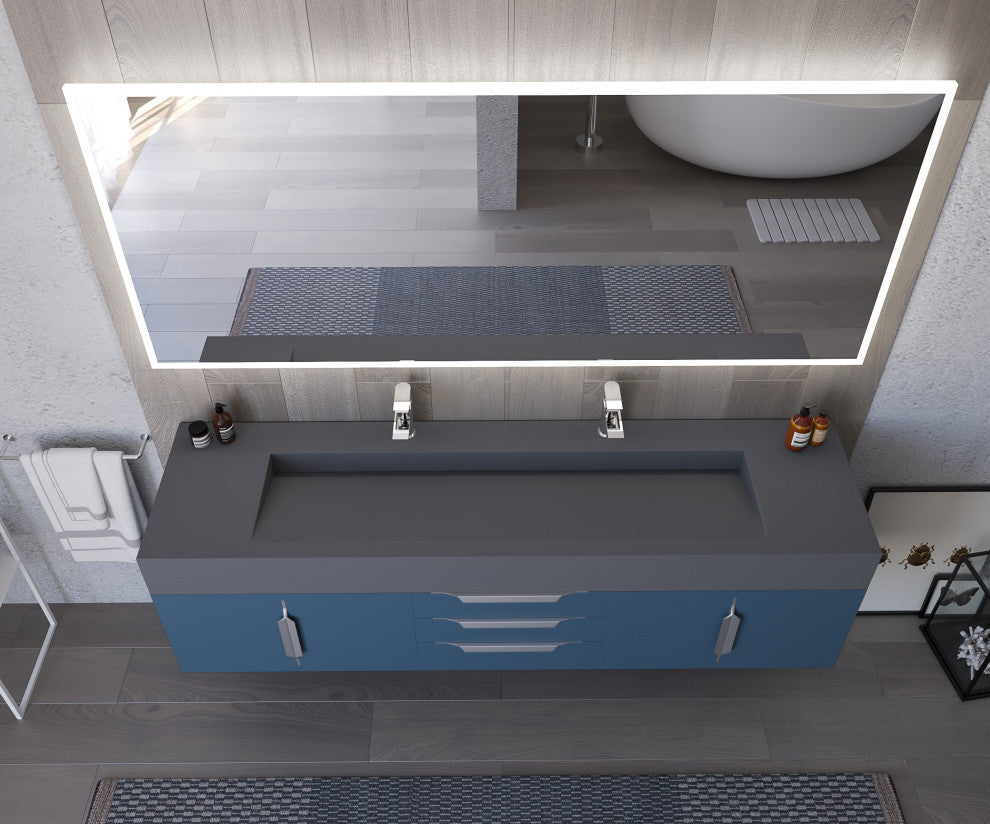 CastelloUSA Nile 72" Wall Mounted Bathroom Vanity Set, Blue, Gray Top, Chrome Handles