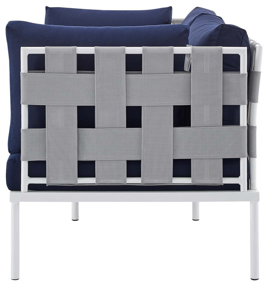 Sectional Sofa Chair Table Set, Sunbrella, Aluminum, Gray Blue Navy, Outdoor
