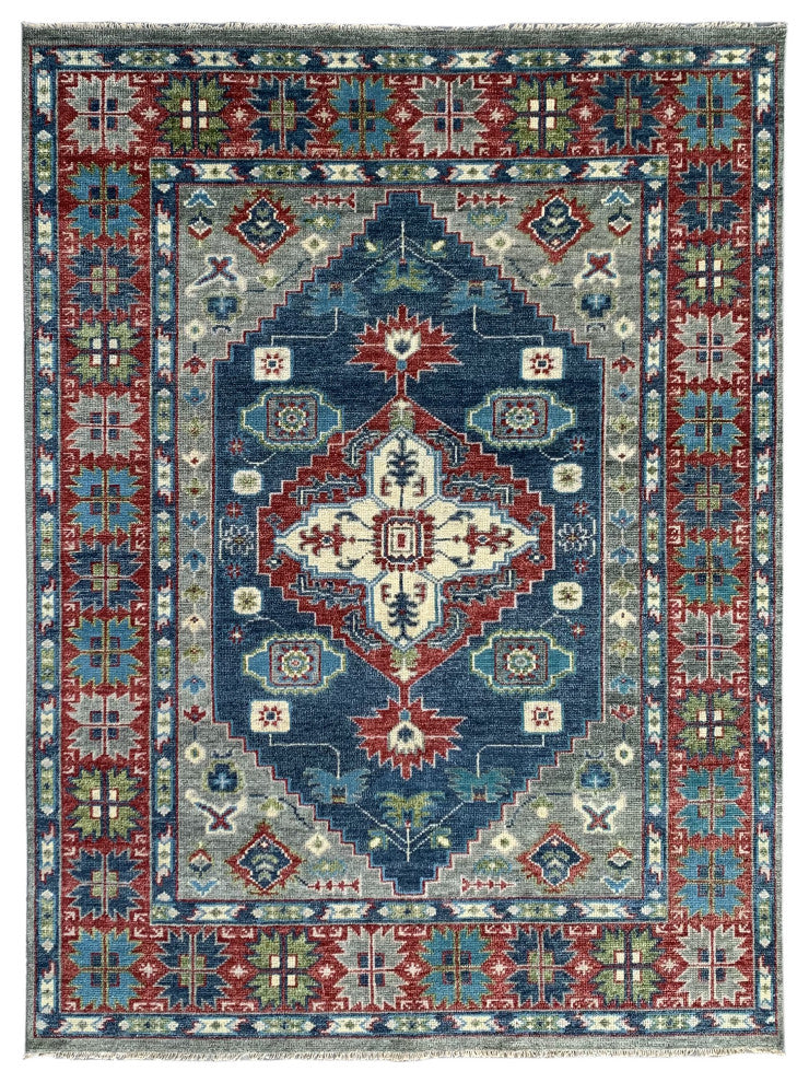 Hand Knotted Wool DENIM BLUE/Red Traditional Classic Serapi Rug, 6'x9'