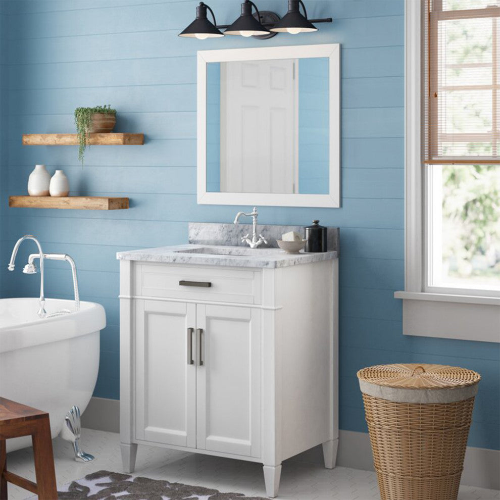 Vanity Set With Carrara Marble Top, 30", White, Led Touch-Switch Mirror
