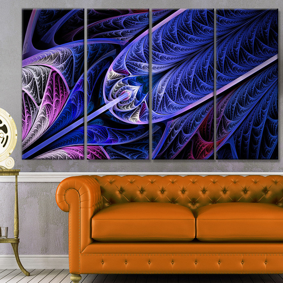 Blue on Black Fractal Stained Glass, Abstract Wall Art Canvas, 48"x28", 4 Panels