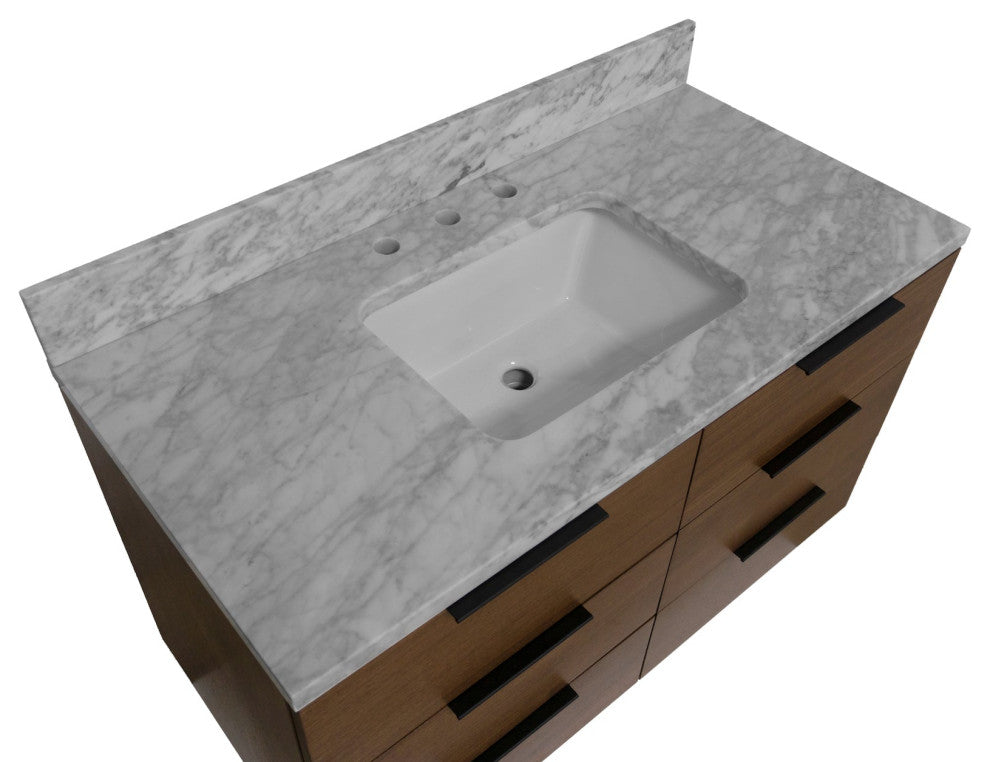 Oslo 42" Floating Wall Mounted Bathroom Vanity, Walnut, Carrara Marble