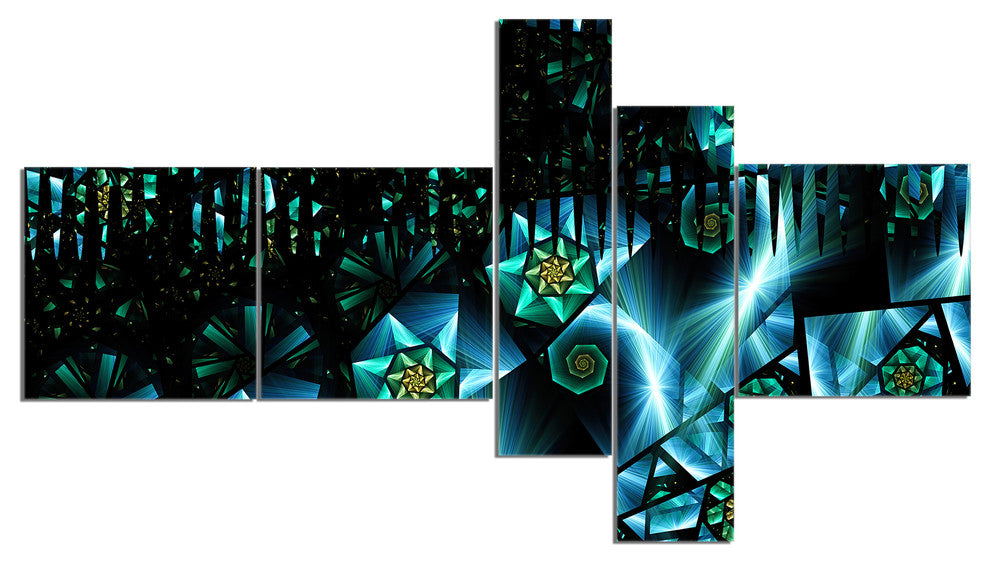Bright Blue Fractal Flowery Sky, Abstract Wall Art Canvas, 60"x32", 5 panels