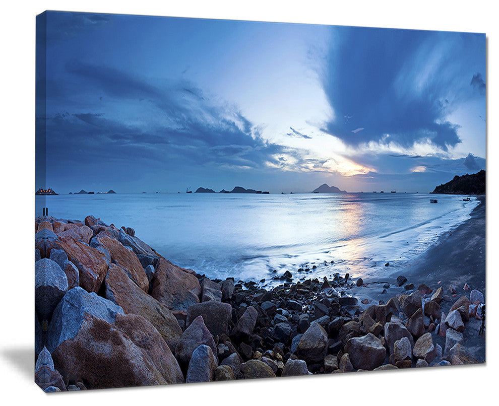 "Blue Sea Sunset on Sandy Coastline" Seascape Wall Art, 20"x12"