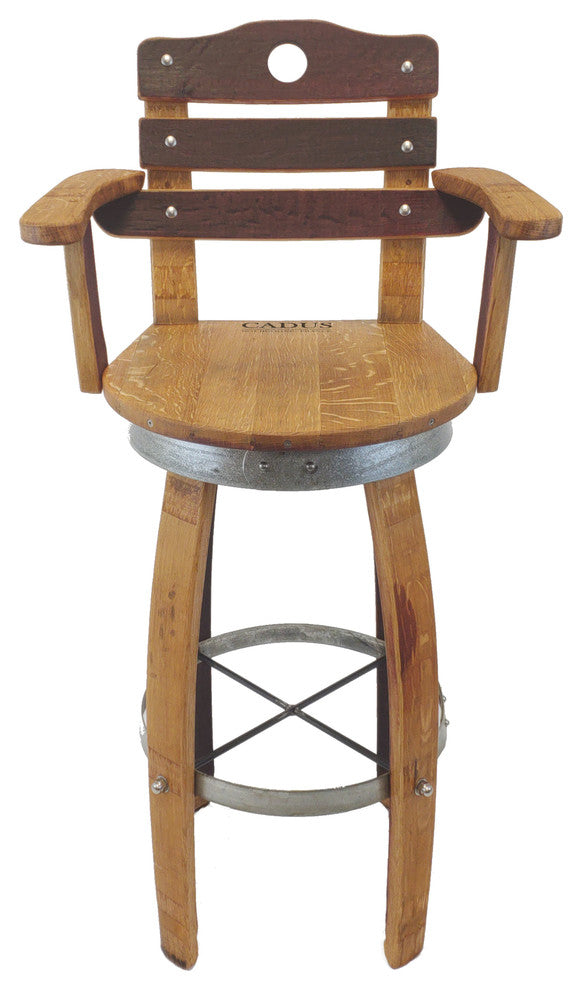 Swivel Top Wine Barrel Bar Stool With Stave Backrest, 24" Sit Height, Regular Leg Style
