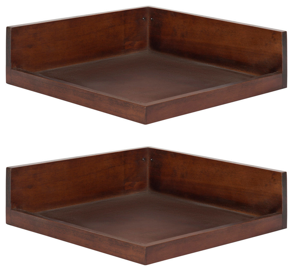 Levie Floating Corner Wood Wall Shelf Set, Walnut Brown