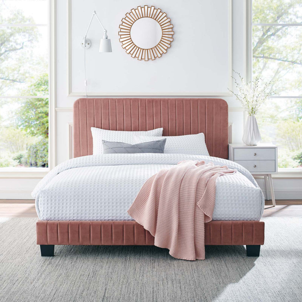 Celine Channel Tufted Performance Velvet King Platform Bed, Dusty Rose