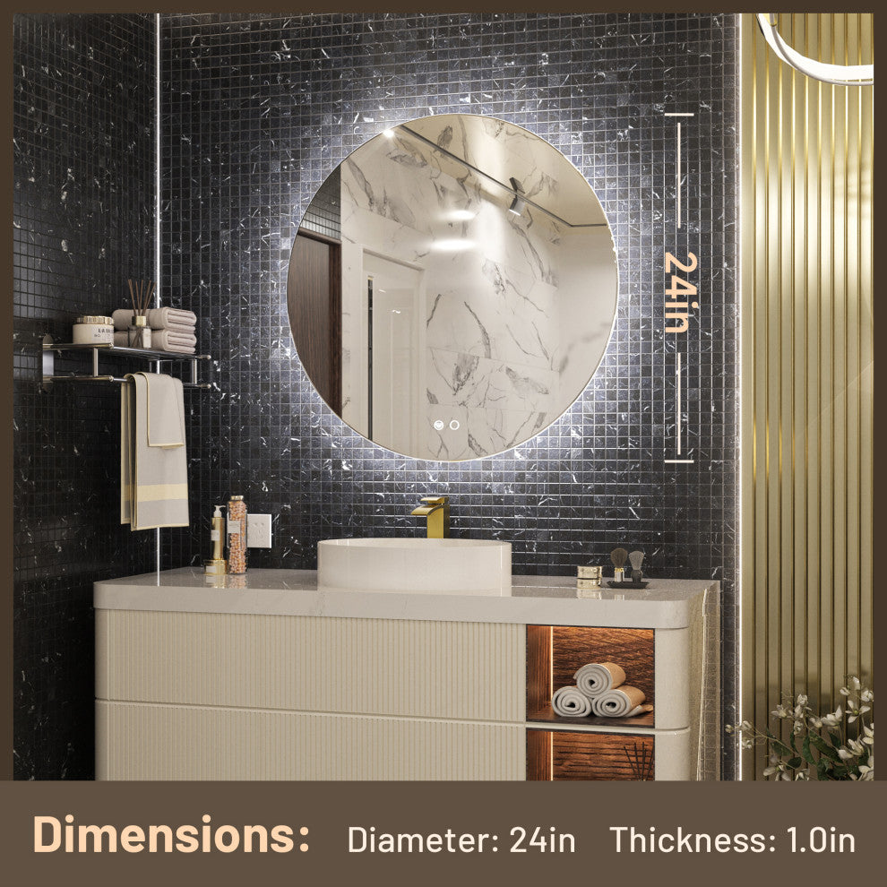 Round LED Vanity Mirror With Backlit, Anti-Fog & Dimmable LED, 24x24