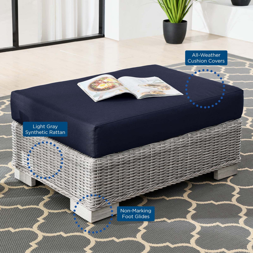 Side Chair Armchair and Ottoman, Rattan, Wicker, Gray Blue Navy, Outdoor
