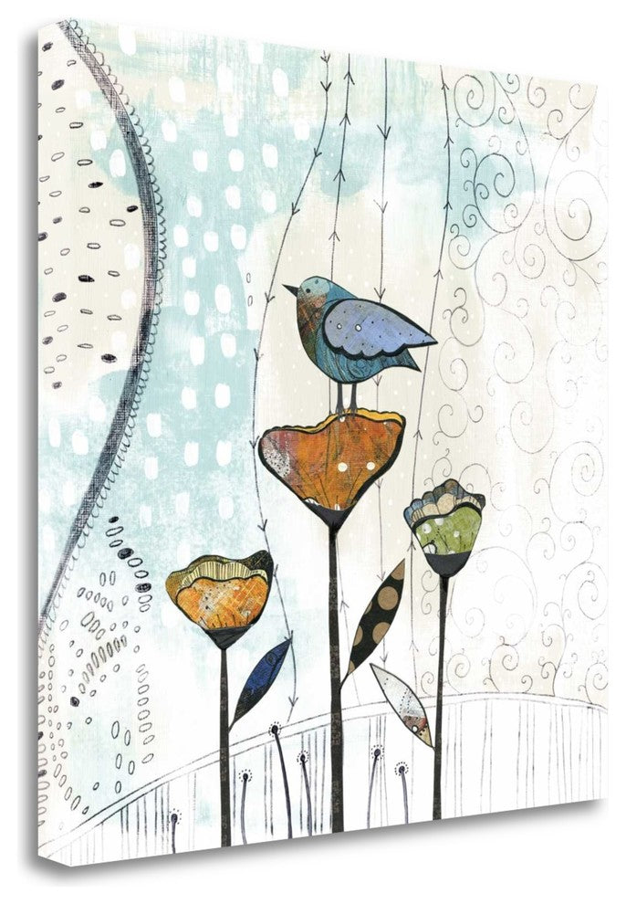 "Bird On Three Flowers II" By Sarah Ogren, Giclee Print on Gallery Wrap Canvas