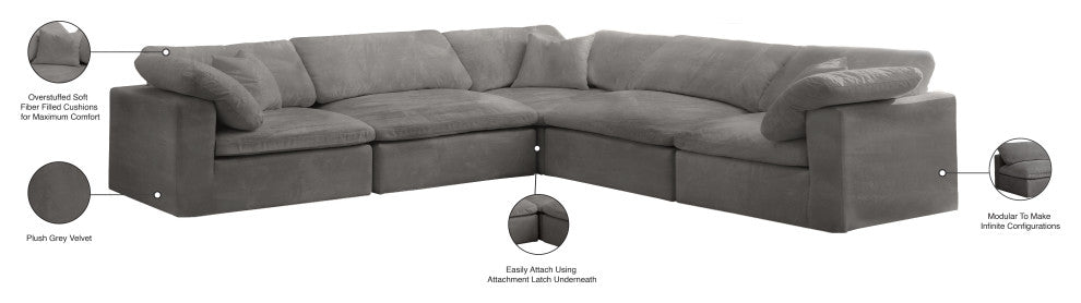 Cozy Velvet Upholstered Comfort L-Shaped Modular Sectional, Grey, 5-Piece: 2 Armless Chair, 3 Corner Chair