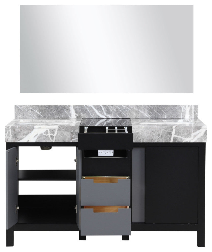 Zilara 55" Black and Grey Double Vanity, 53" Frameless Mirror