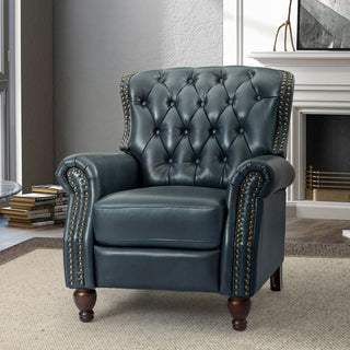 34.5"W Transitional Style Genuine Leather Recliner With Nailhead Trims, Navy