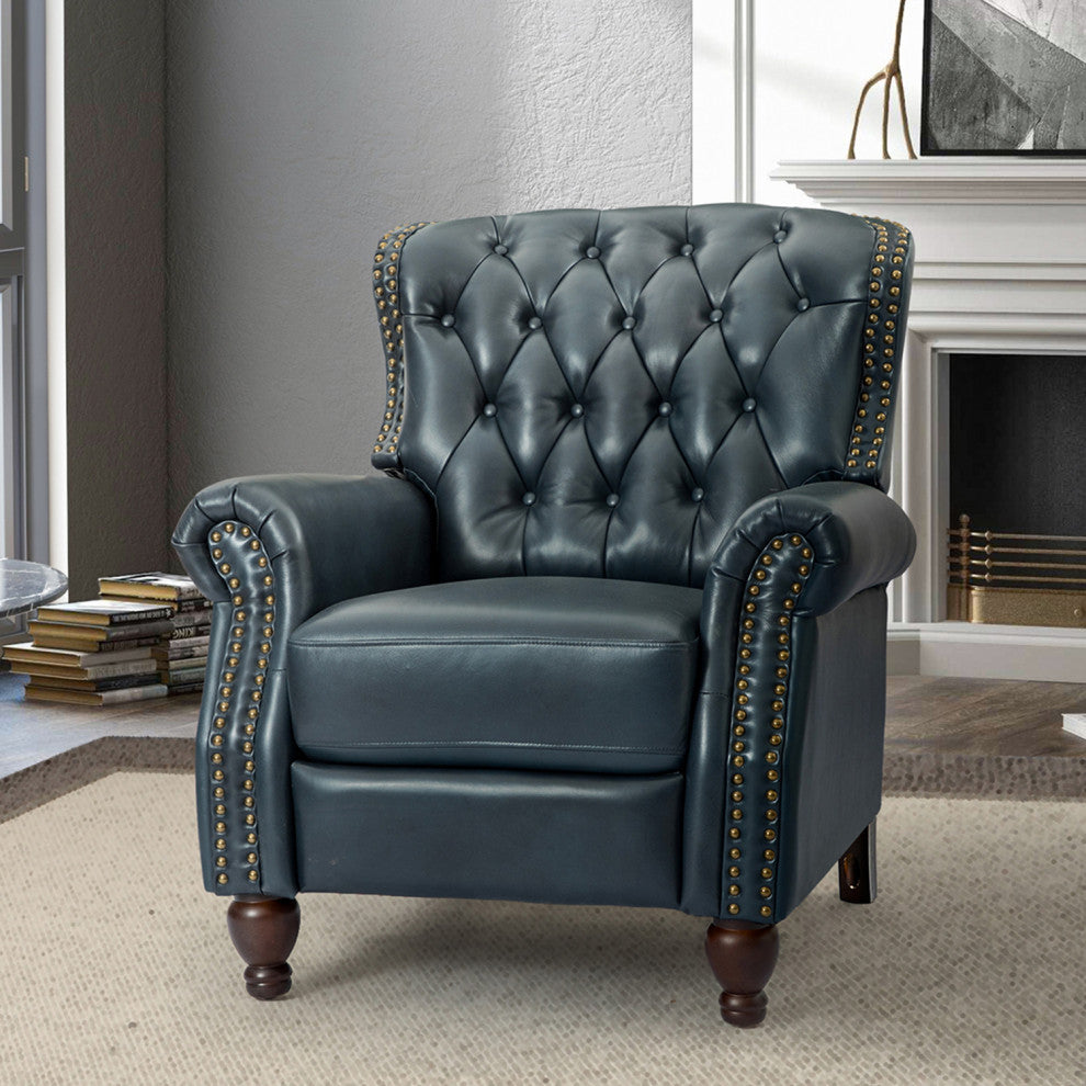 34.5"W Transitional Style Genuine Leather Recliner With Nailhead Trims, Navy