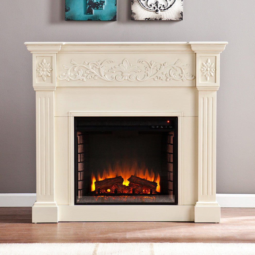 Eastport Carved Electric Fireplace, Ivory
