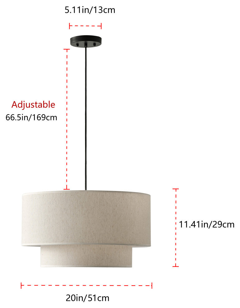 Modern Off-White Drum Pendant Light with 2-Tier Linen Fabrics Lampshade