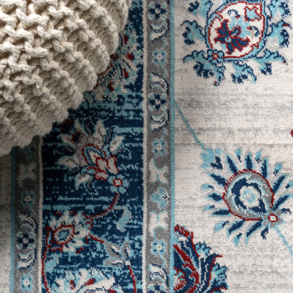 Modern Persian Vintage Moroccan Traditional Cream/Navy 2'x8' Runner Rug