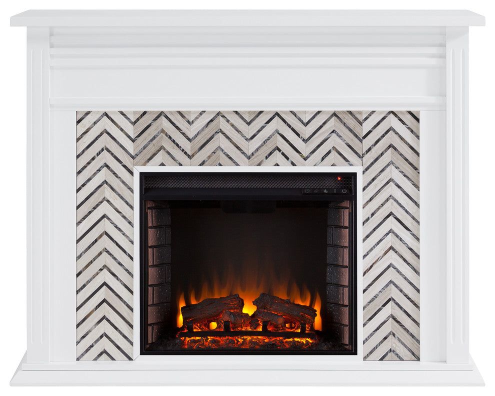 Hanston Tiled Marble Fireplace, White and Gray