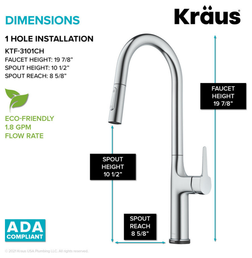 Oletto Pull-Down 1-Hole Kitchen Faucet, Chrome, Model Ktf-3101ch