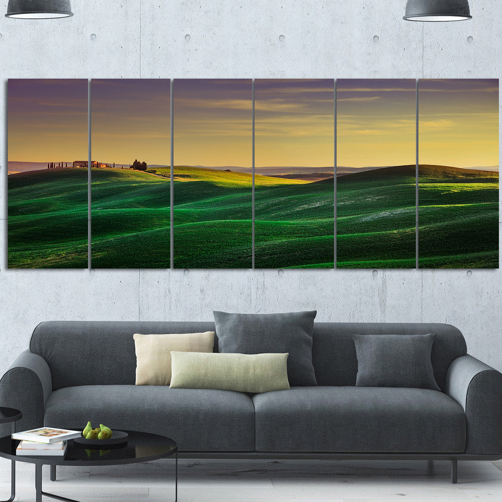 Green Rolling Hils in Crete Senesi, Landscape Canvas Wall Art, 70"x28", 6 Panels