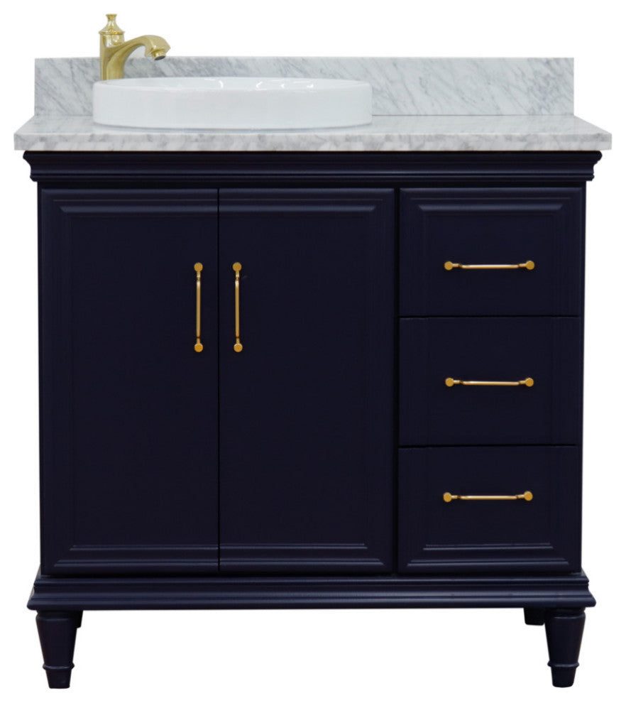 37" Single Vanity, Blue Finish With White Carrara