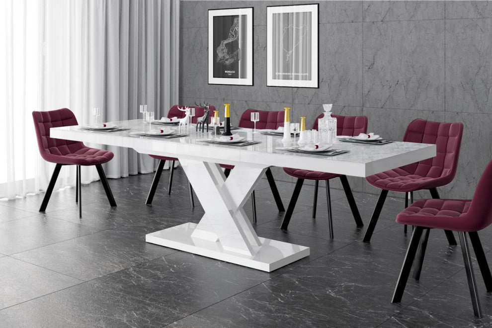 XENNA LUX Extendable Dining Table, White Venatino/White