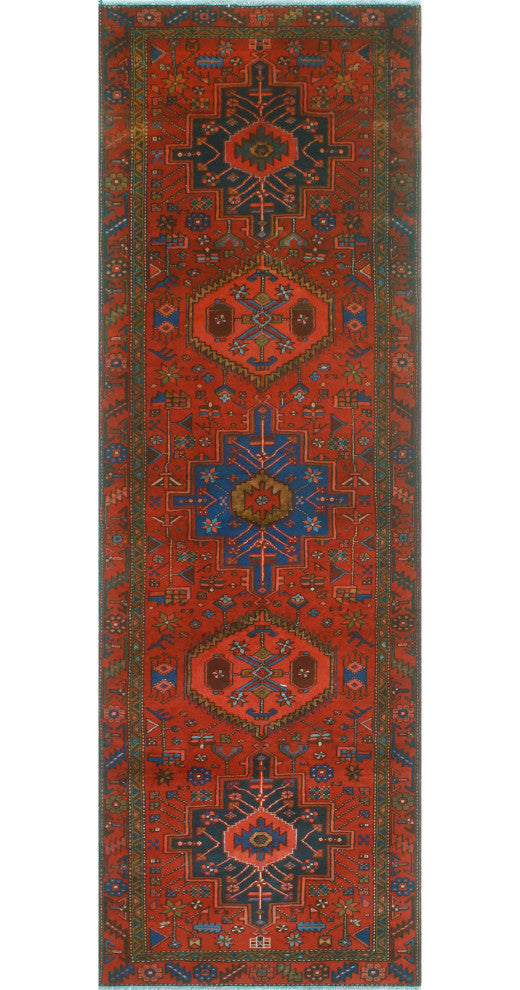 Fine Vintage Distressed Adalbeor Burgundy/Blue Runner, 3'5x10'10