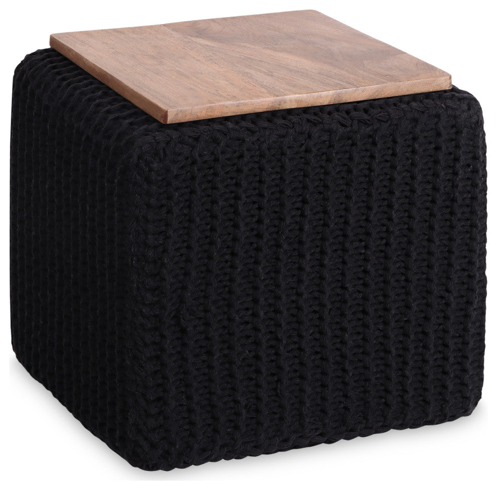 Loft Lyfe Roxy Ottoman, Hand Knitted, Wooden Tray, Cotton Yarn, Black