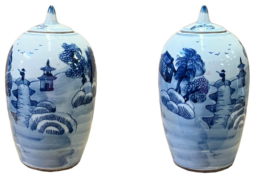 Lot of 2 Blue White Small Scenery Graphic Porcelain Point Lid Jars Hws2514