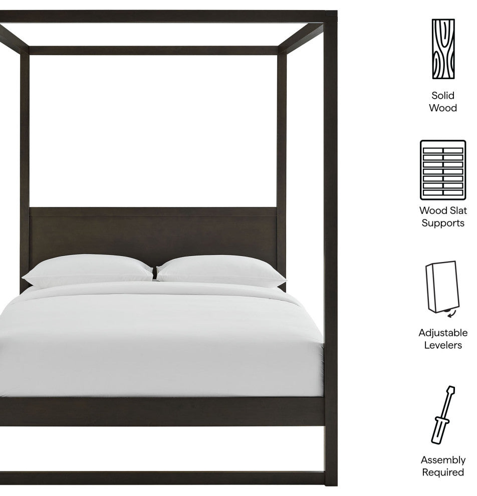 Alva Queen Wood Canopy Platform Bed, Smoked Oak