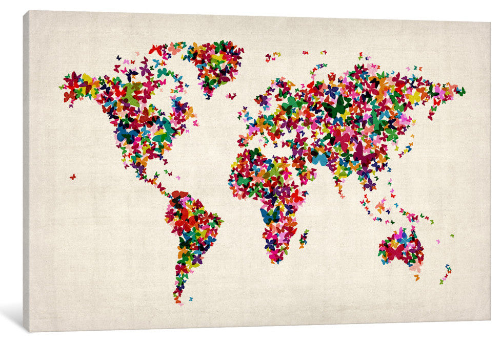 "Butterflies World Map II" by Michael Tompsett, Canvas Print, 18x12"