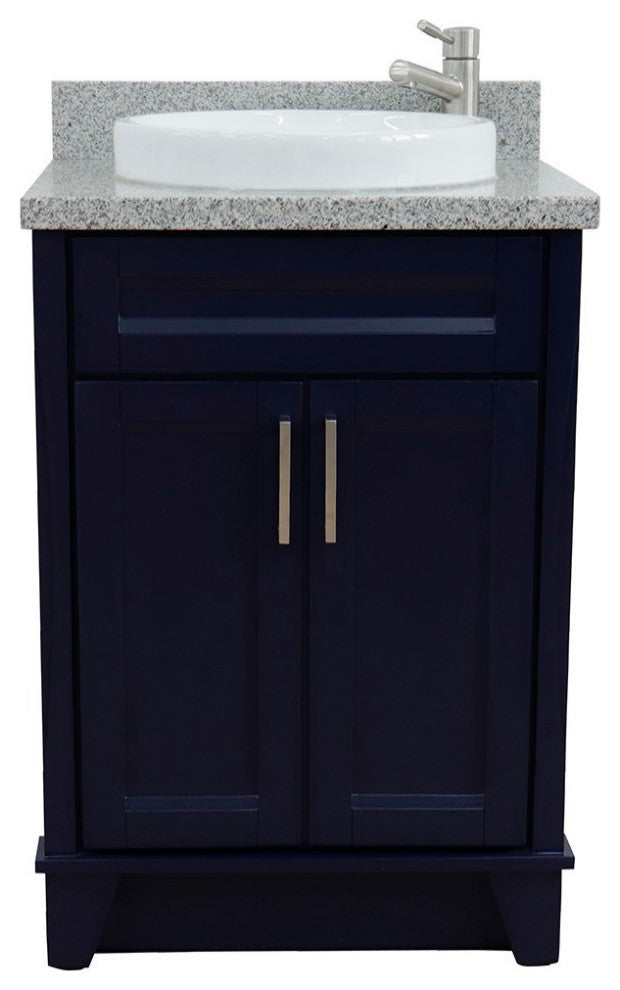 25" Single Sink Vanity, Blue Finish With Gray Granite And Round Sink