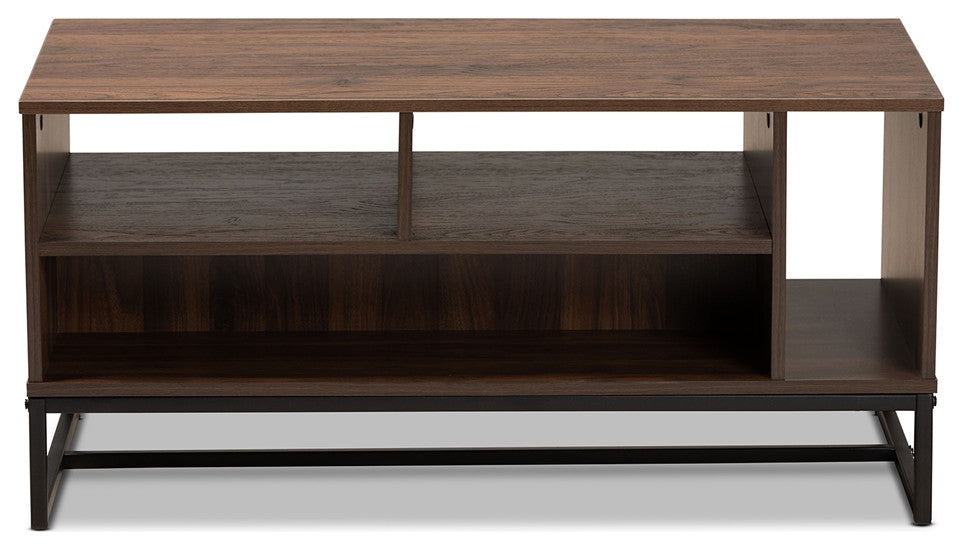 Modern and Temporary Walnut Finished Wood and Metal Coffee Table