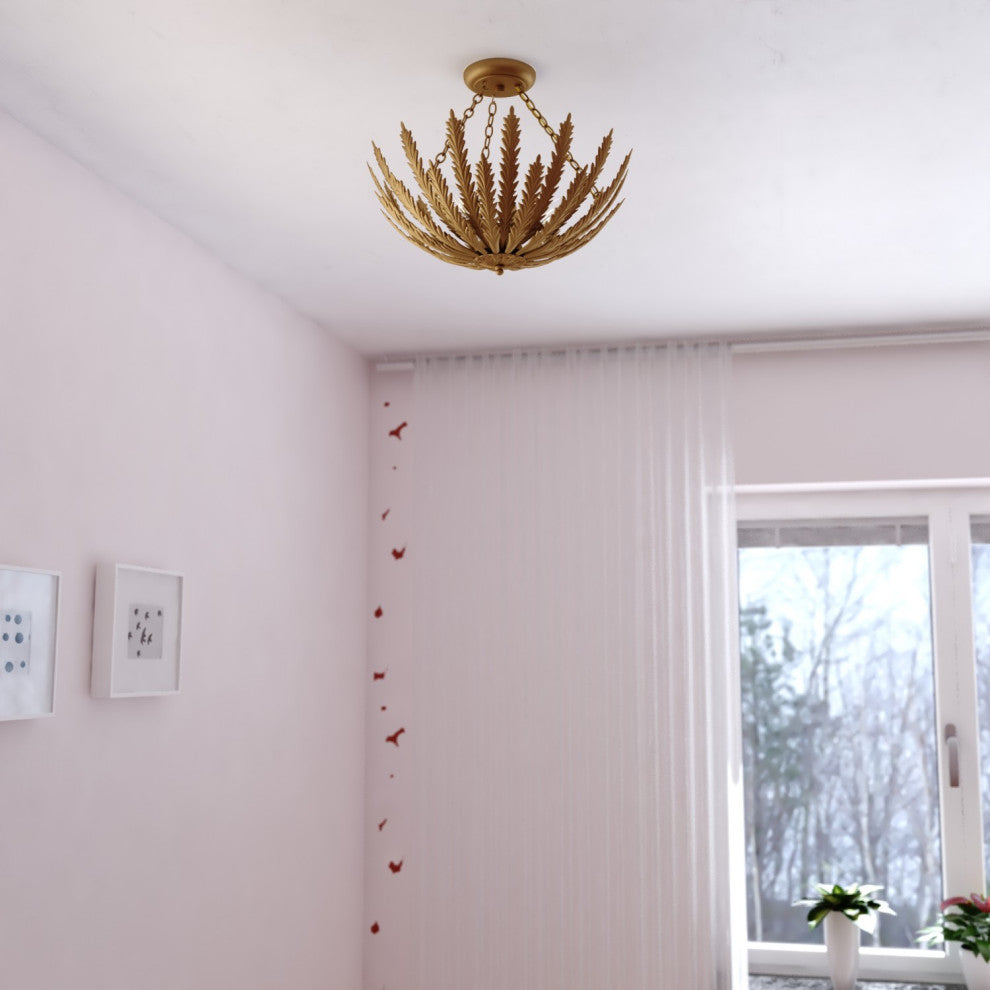 Ozette 18"W Gold Semi Flush Mount Ceiling Light Fxiture With Leaf Motif