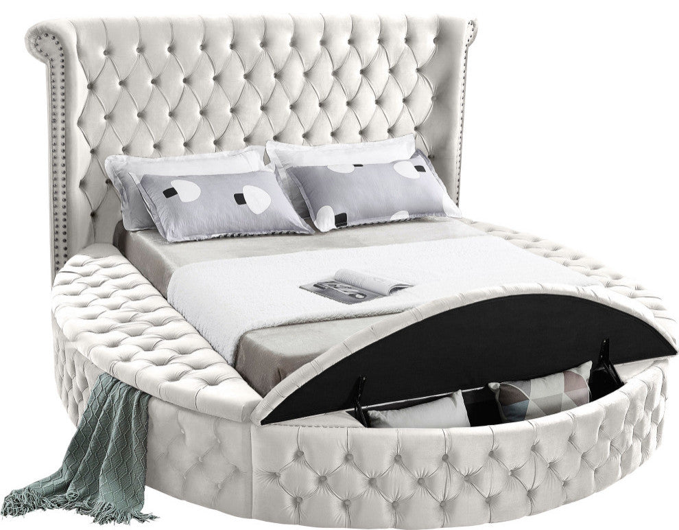 Luxus Button Tufted Velvet Round Bed, Cream, Queen