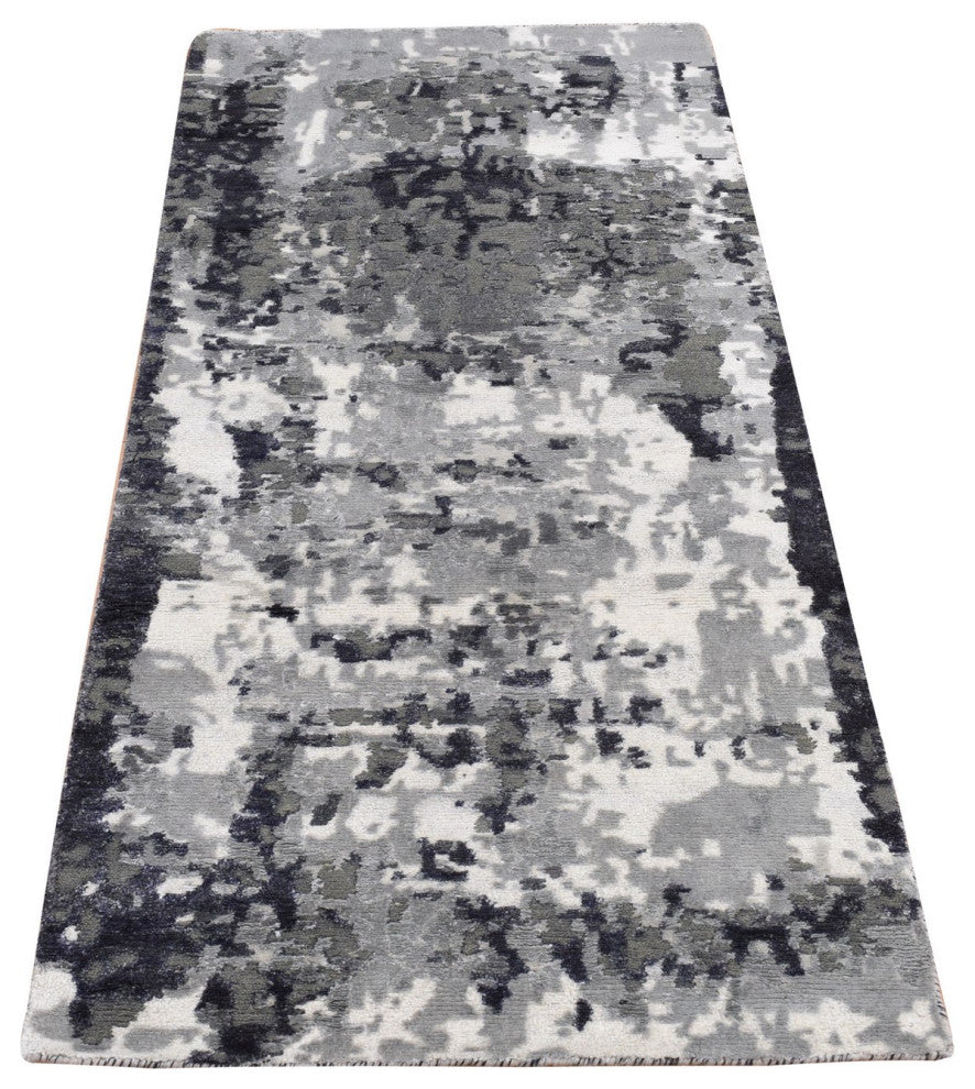 Abbey Black Galaxy Design Wool and Silk Hand Knotted Runner Rug 2'7" x 5'9"