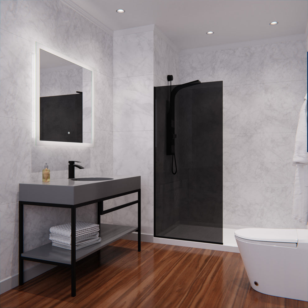 Veil Series 74"x34" Framed Frosted Glass Shower Screen Shower Door, Matte Black, Tinted