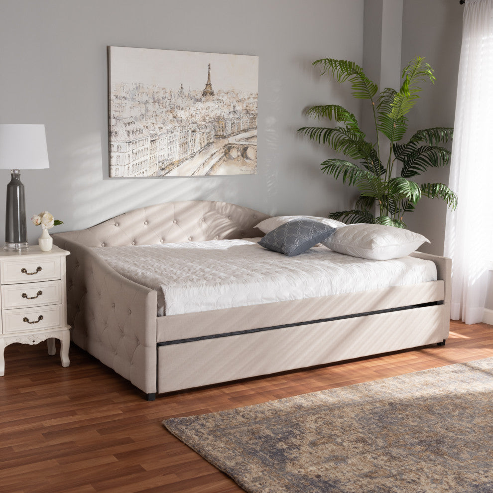 Sheridan Classic Upholstered Trundle Daybed, Beige, Queen Size