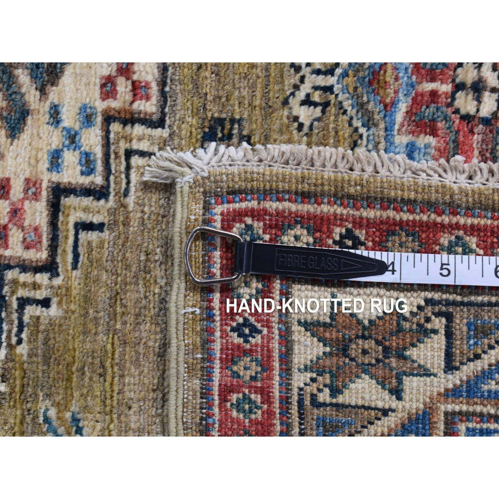 Green Hand Knotted Afghan Super Kazak Geometric Medallion Wool Rug, 2'9"x7'7"
