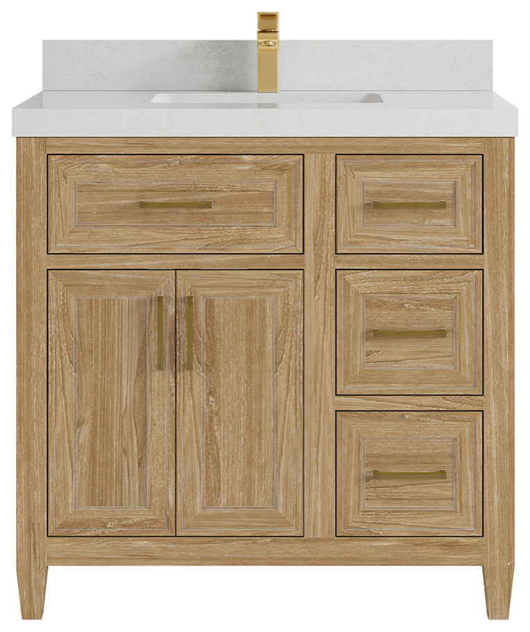 Santa Monica 36 Center Sink Bath Vanity in Whitewashed Teak 2" Carrara Quartz