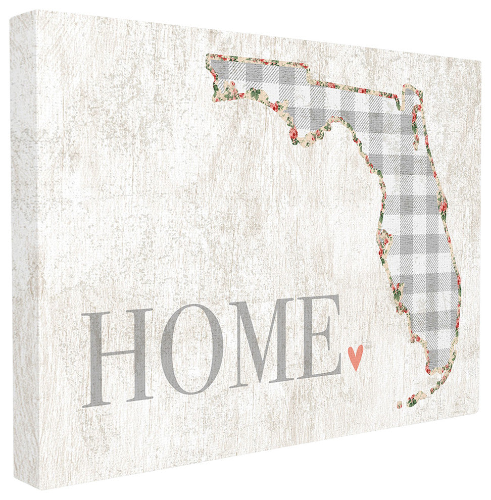 Florida Gray Gingham & Floral Heart & Home Canvas Wall Art, 16"x20"