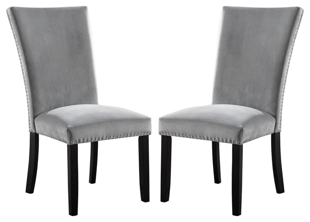 Flannelette And Wooden Side Chair Of 2 with Backrest Design, Light Gray