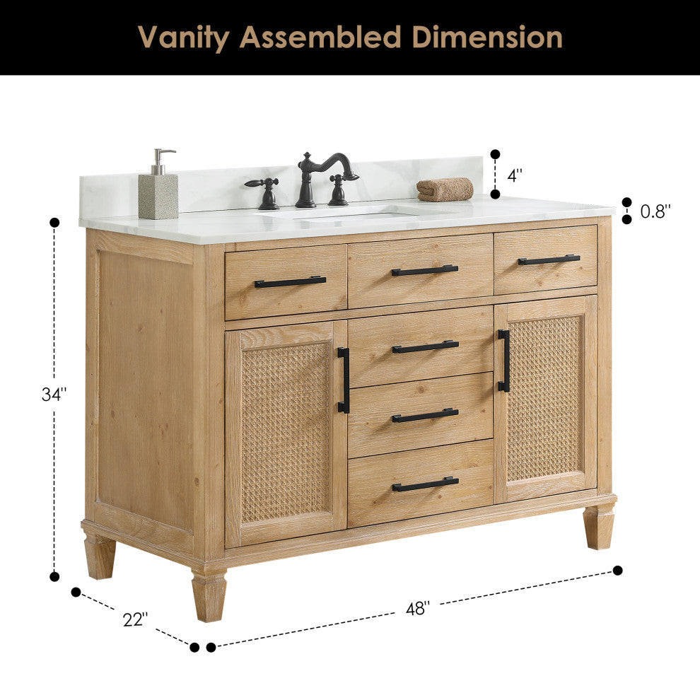 Solana Bathroom Vanity with Calacatta White Quartz Stone Countertop, Weathered Fir, 48", Without Mirror