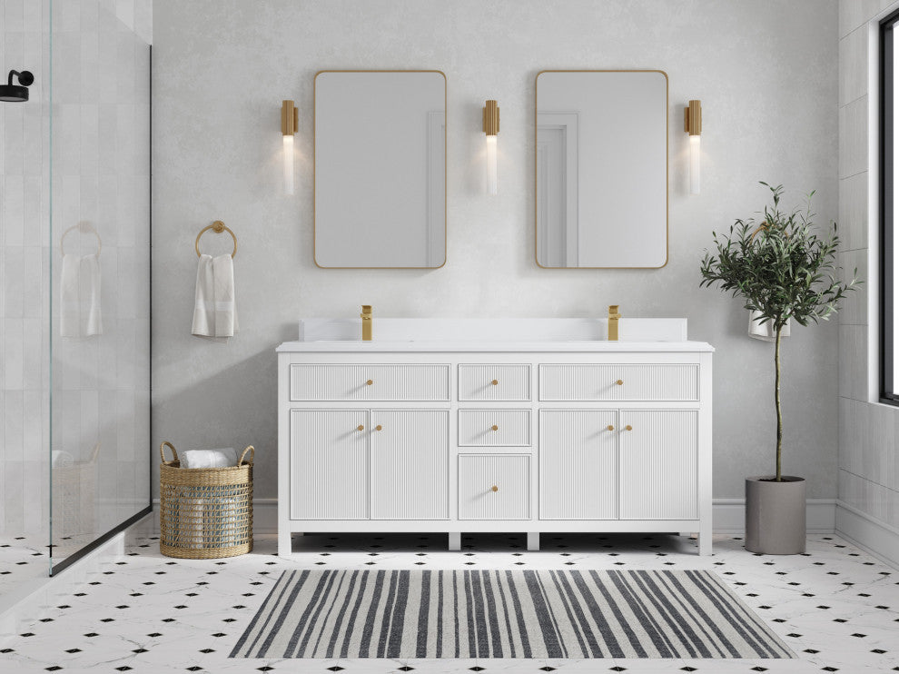 Sonoma 72 Double Sink Reeded Bath Vanity in White 1.5" White Quartz
