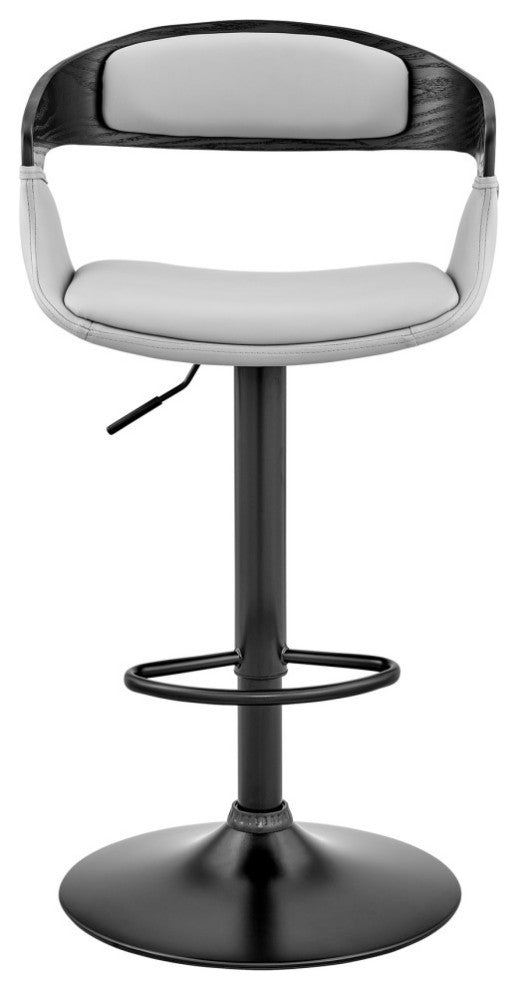 Benson Adjustable Faux Leather and Wood Bar Stool With Metal Base, Gray and Blac