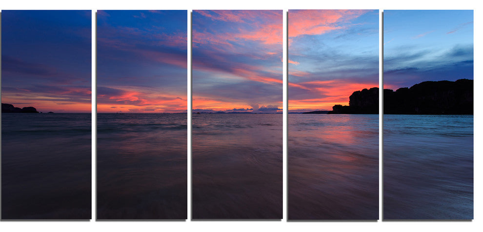Sunset at Railay Beach Andaman Sea, Seashore Canvas Art Print, 60"x28", 5 Panels