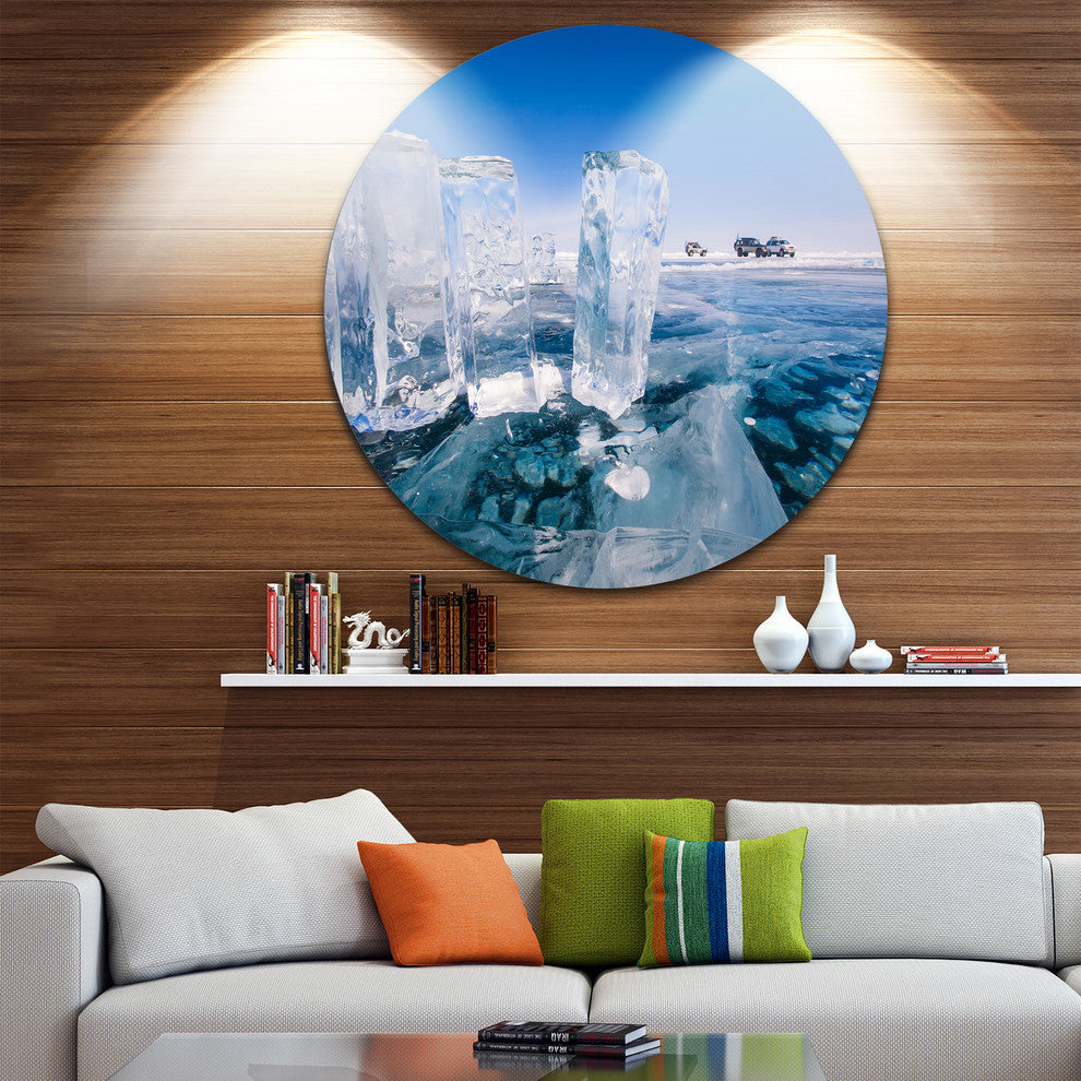Blue Ice And Off-Road Cars, Landscape Round Wall Art, 23"