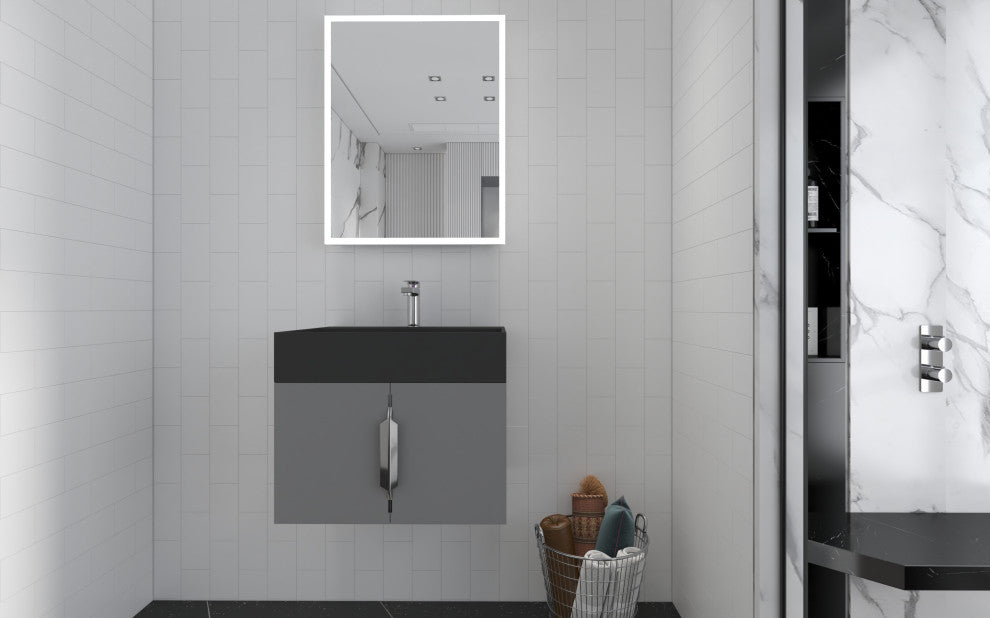 CastelloUSA Amazon 24" Wall Mounted Bathroom Vanity Set, Gray, Black Top, Brushed Nickel