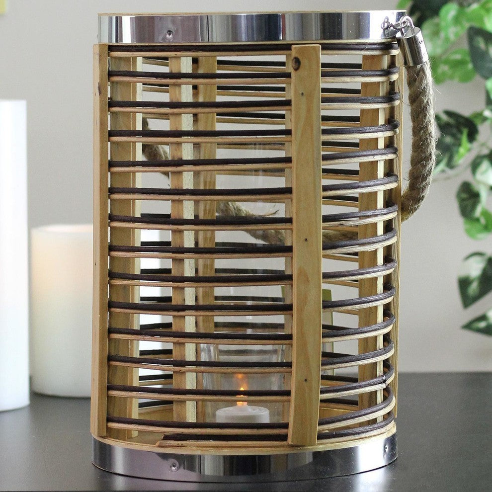 11.5" Rustic Chic Cylinderical Rattan Candle Holder Lantern