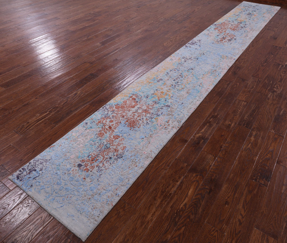 2' 5" X 17' 7" Runner Modern Handmade Wool and Silk Rug Q9265